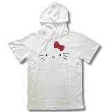 クリックポスト送料無料/ サンリオ なりきり キティ フェイスプリント 柄 半袖 ロング丈 フード付き Tシャツ メンズ 白 / bia197