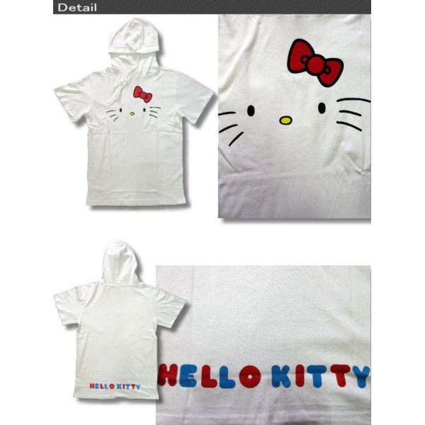 画像2: クリックポスト送料無料/ サンリオ なりきり キティ フェイスプリント 柄 半袖 ロング丈 フード付き Tシャツ メンズ 白 / bia197