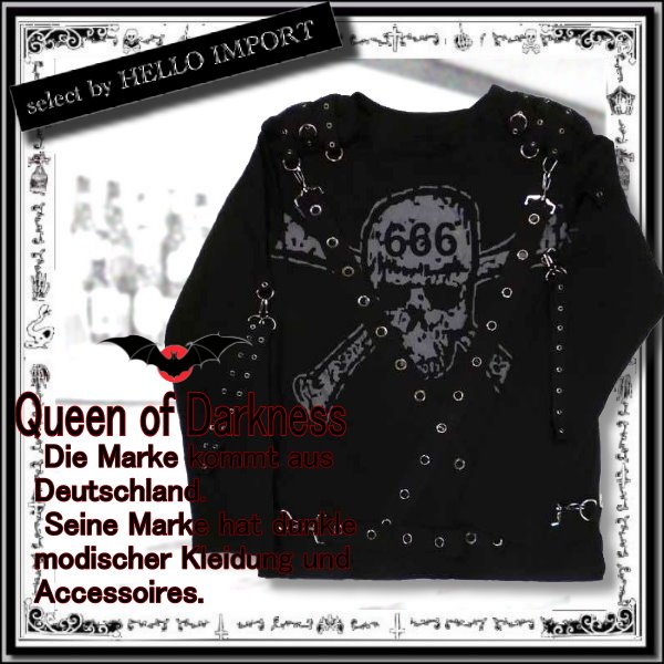 画像1: (クイーンオブダークネス) QUEEN OF DARKNESS ゴシック 服 メンズ ロンT 長袖 ボンテージ 666のスカル柄 黒 rfa257