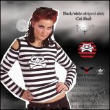 セール HP価格 (クイーンオブダークネス) QUEEN OF DARKNESS 猫髑髏のボーダー柄カットアウェイ長袖Tシャツ