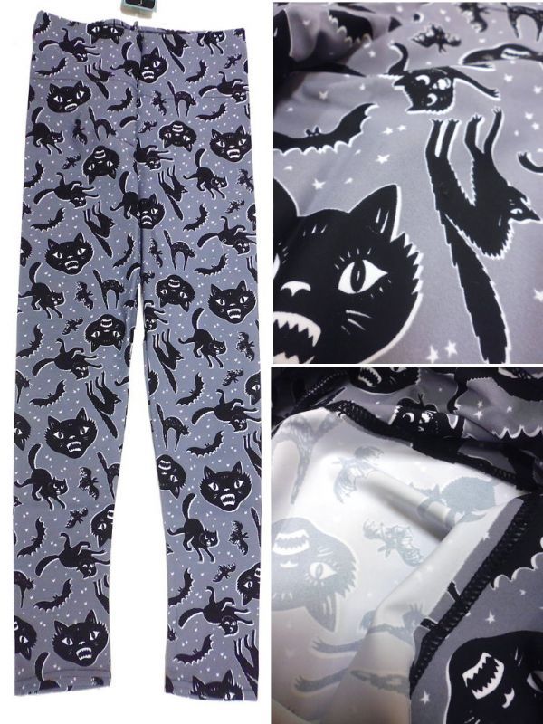猫＆蝙蝠の黒魔術柄レギンス｜ゴシックパンク通販セレクトショップハロー