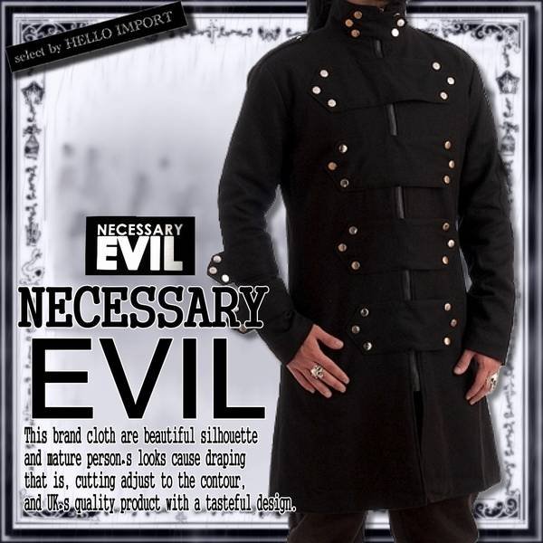 画像1: (ネセサリーイヴィル) NECESSARY EVIL 服 羊毛入り ミリタリー ハーフ丈 コート メンズ ファッション rfa036 黒 (1)