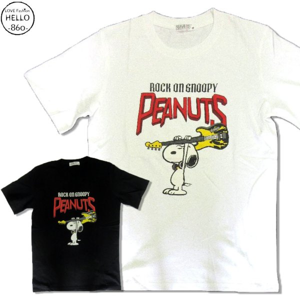画像1: スヌーピー 半袖 Tシャツ メンズ 天竺 ロックンロール ギター 破壊 柄 キャラ 薄手 アメカジ /bia433 (1)