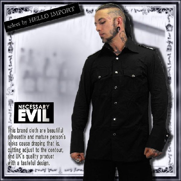 画像1: (ネセサリーイヴィル) NECESSARY EVIL ゴシック 服 スチームパンク 長袖 シャツ エポレット メンズ 黒 rfa111 (1)