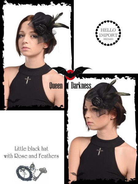 画像2: (クイーンオブダークネス) QUEEN OF DARKNESS  ゴスロリ 髪飾りミニハット ヘッドドレス ゴシック 黒 薔薇コサージュ クリップ フェザー /won105 (2)