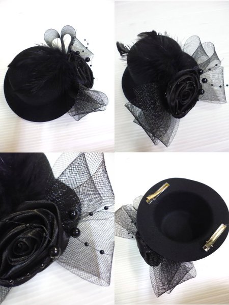 画像3: (クイーンオブダークネス) QUEEN OF DARKNESS  ゴスロリ 髪飾りミニハット ヘッドドレス ゴシック 黒 薔薇コサージュ クリップ フェザー /won105 (3)